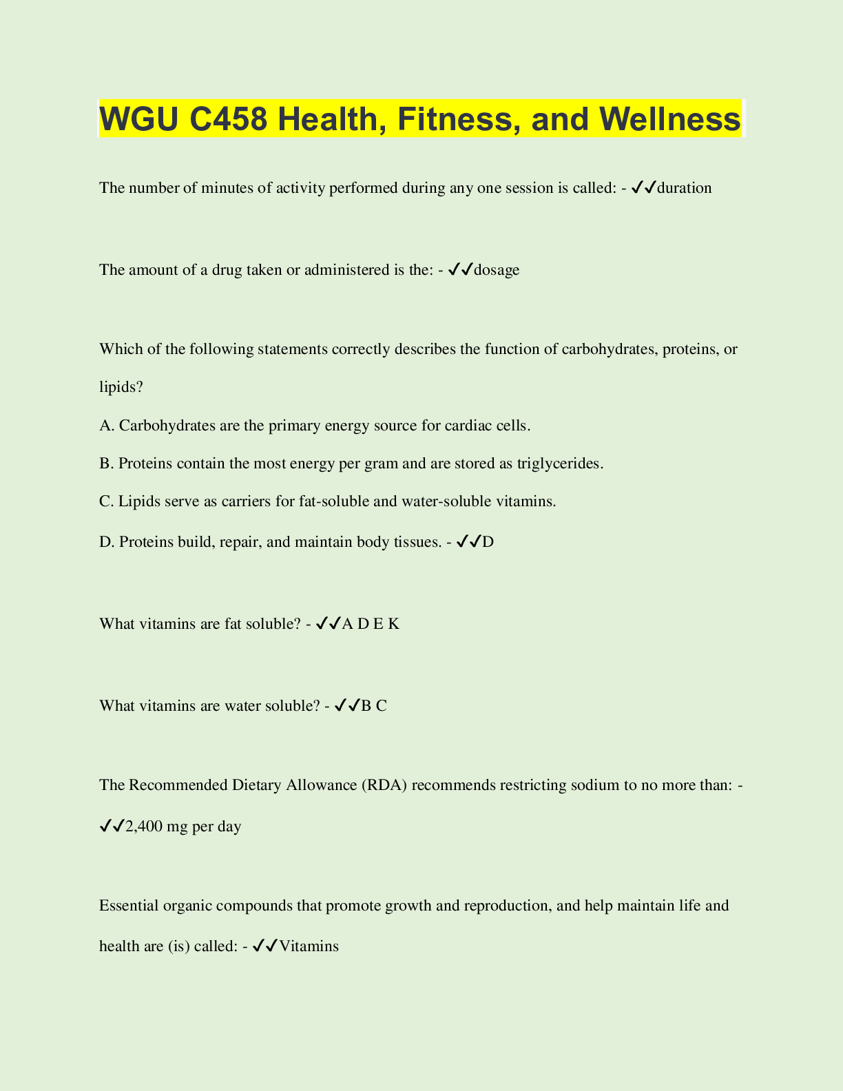 Preview image for WGU C458 Health, Fitness, and Wellness | 136 Questions with 100% Correct Answers | Verified | Latest Update | 20 Pages